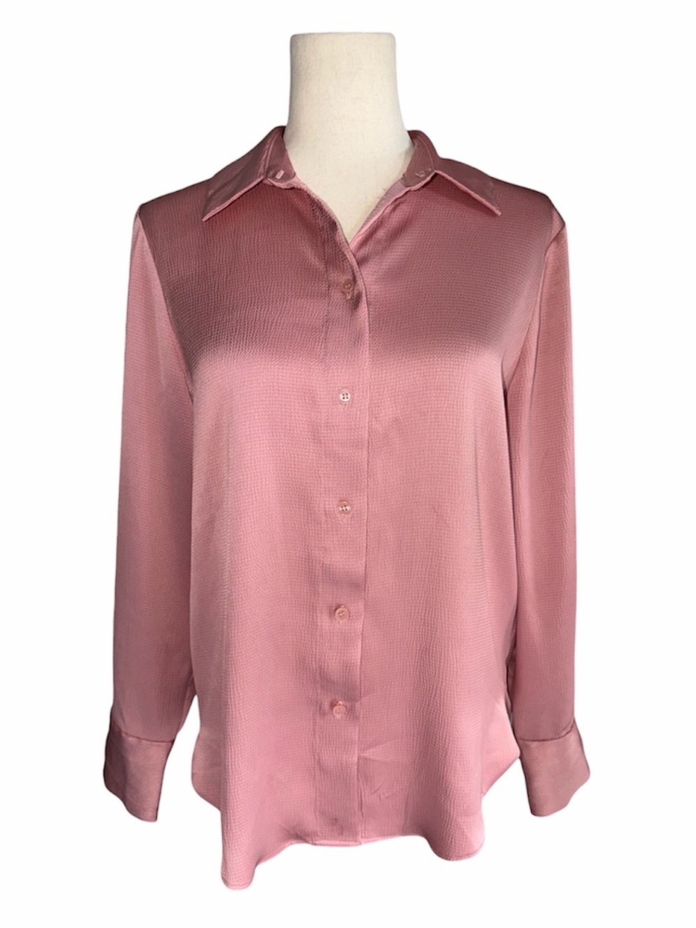 H&M Silky Hammered Dusty Rose Pink Button-Front Satin Long Sleeve Blouse Small